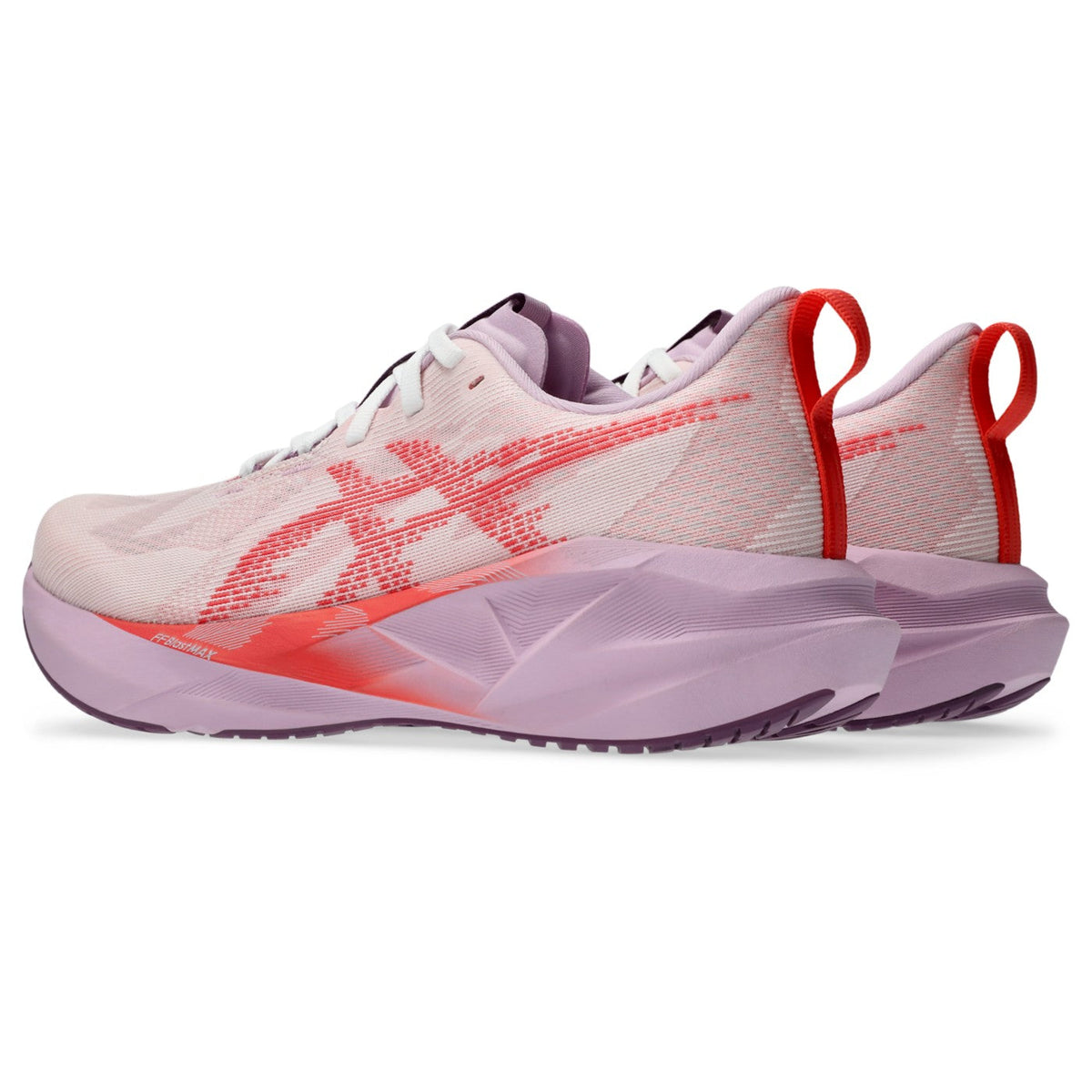 ASICS Novablast 5 Violet / Rose – White / Coral Reef – paire en vue trois-quarts opposée