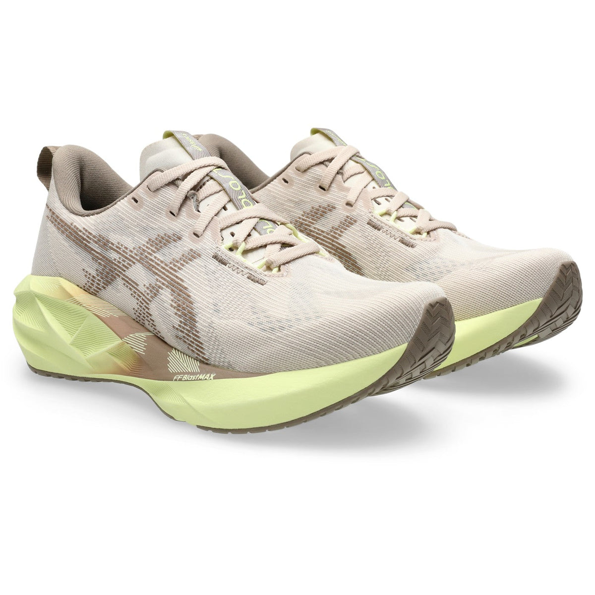 ASICS Novablast 5 Femme Beige-Vert citron / Mineral Beige-Taupe Grey — vue avant extérieure (1012B765-250)