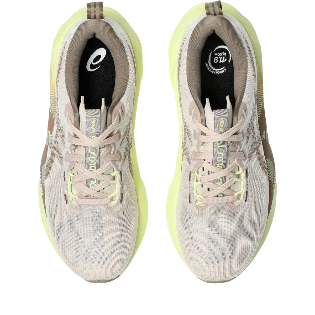 ASICS Novablast 5 Femme Beige-Vert citron / Mineral Beige-Taupe Grey — vue dessus (1012B765-250)