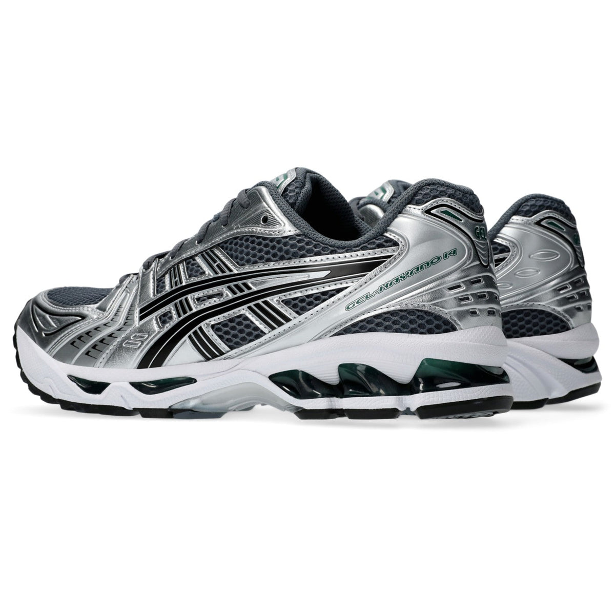 ASICS GEL-Kayano 14 Gris / Argent / Vert – paire en vue trois-quarts opposée