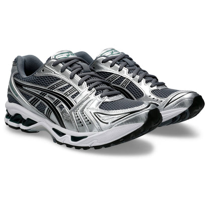 ASICS GEL-Kayano 14 Gris / Argent / Vert – paire en vue trois-quarts avant