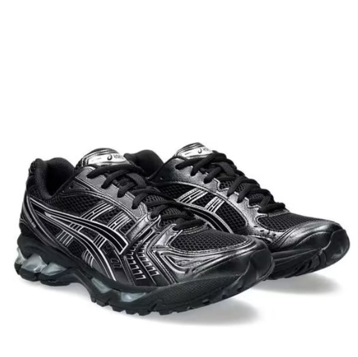ASICS GEL-Kayano 14 Noir / Argent – paire en vue trois-quarts avant